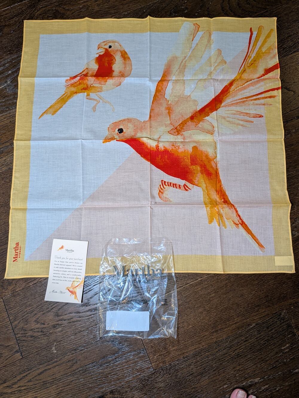 Martha Stewart Bird Handkerchief NWT Yellow Floral Bird Print Pocket Square
